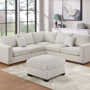 L-Sectional Sofa Corduroy Ivory Color LAF And RAF Loveseats Corner Wedge Ottoman 4pcs Sectional Set Couch Living Room Furniture
