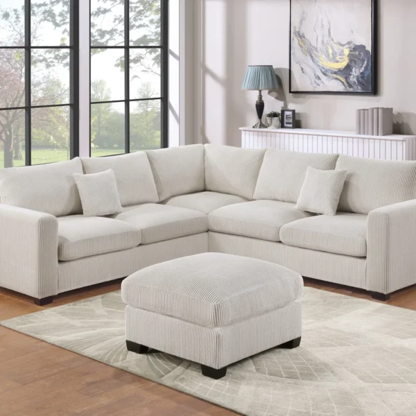 L-Sectional Sofa Corduroy Ivory Color LAF And RAF Loveseats Corner Wedge Ottoman 4pcs Sectional Set Couch Living Room Furniture