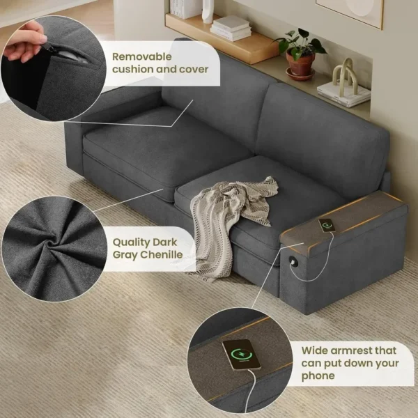 Living Room Sofas, Oversized Comfy Couches, Deep Seat Sofa with Storage and 2 USB Charging Ports, Removable Sofa Cover - Image 3