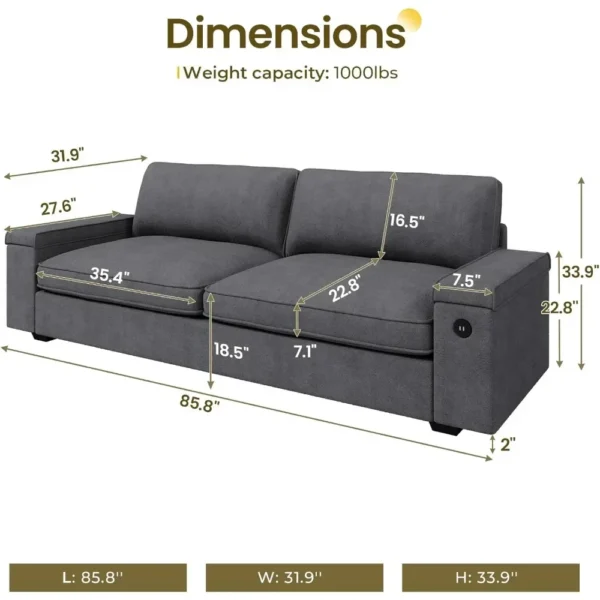 Living Room Sofas, Oversized Comfy Couches, Deep Seat Sofa with Storage and 2 USB Charging Ports, Removable Sofa Cover - Image 6